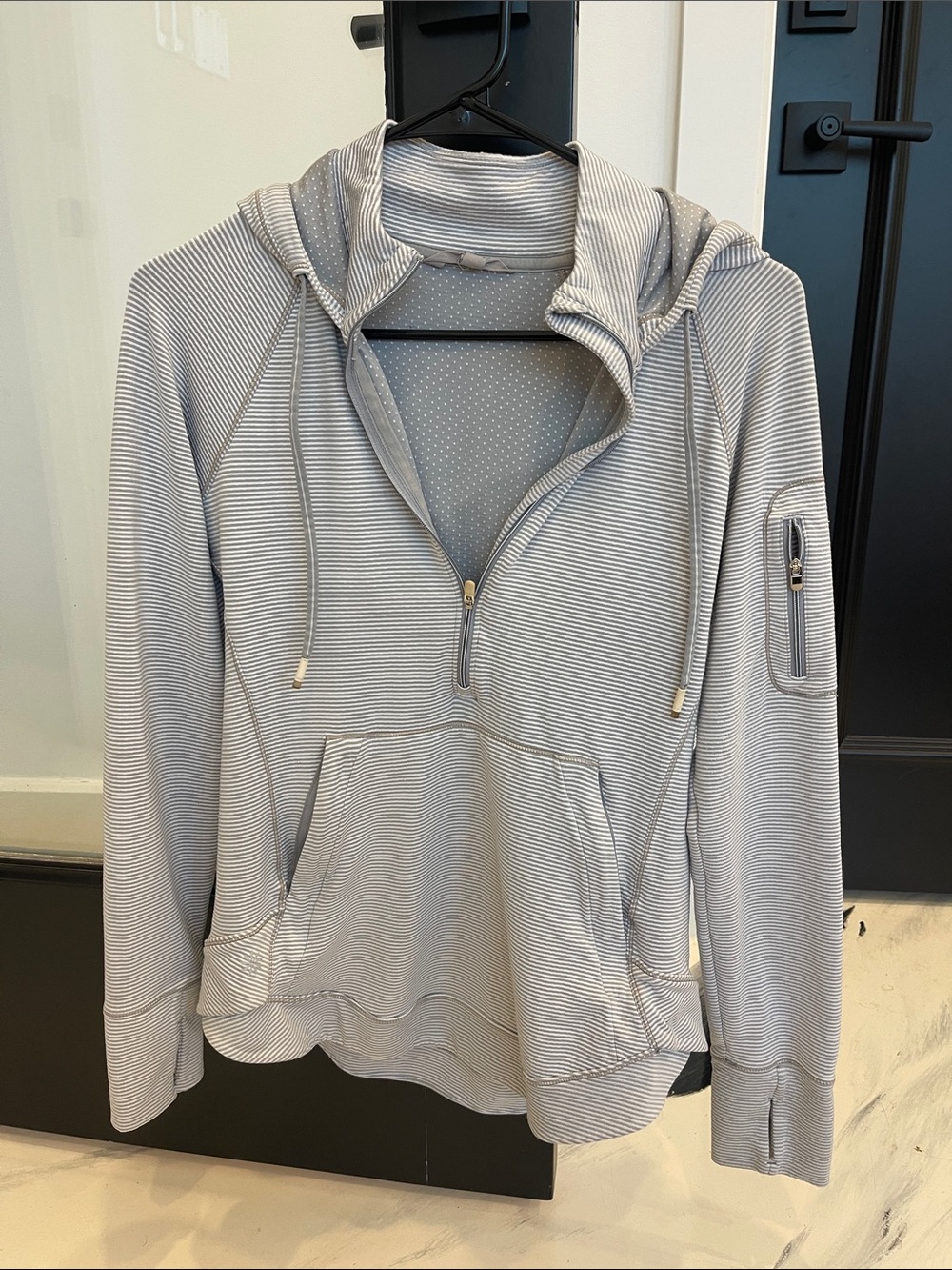 Athleta Light Gray Striped Half-Zip Hoodie